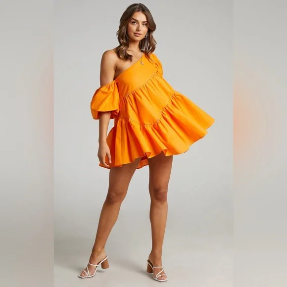 Showpo Harleen One-Shoulder Orange Mini Dress - Picture 2 of 6